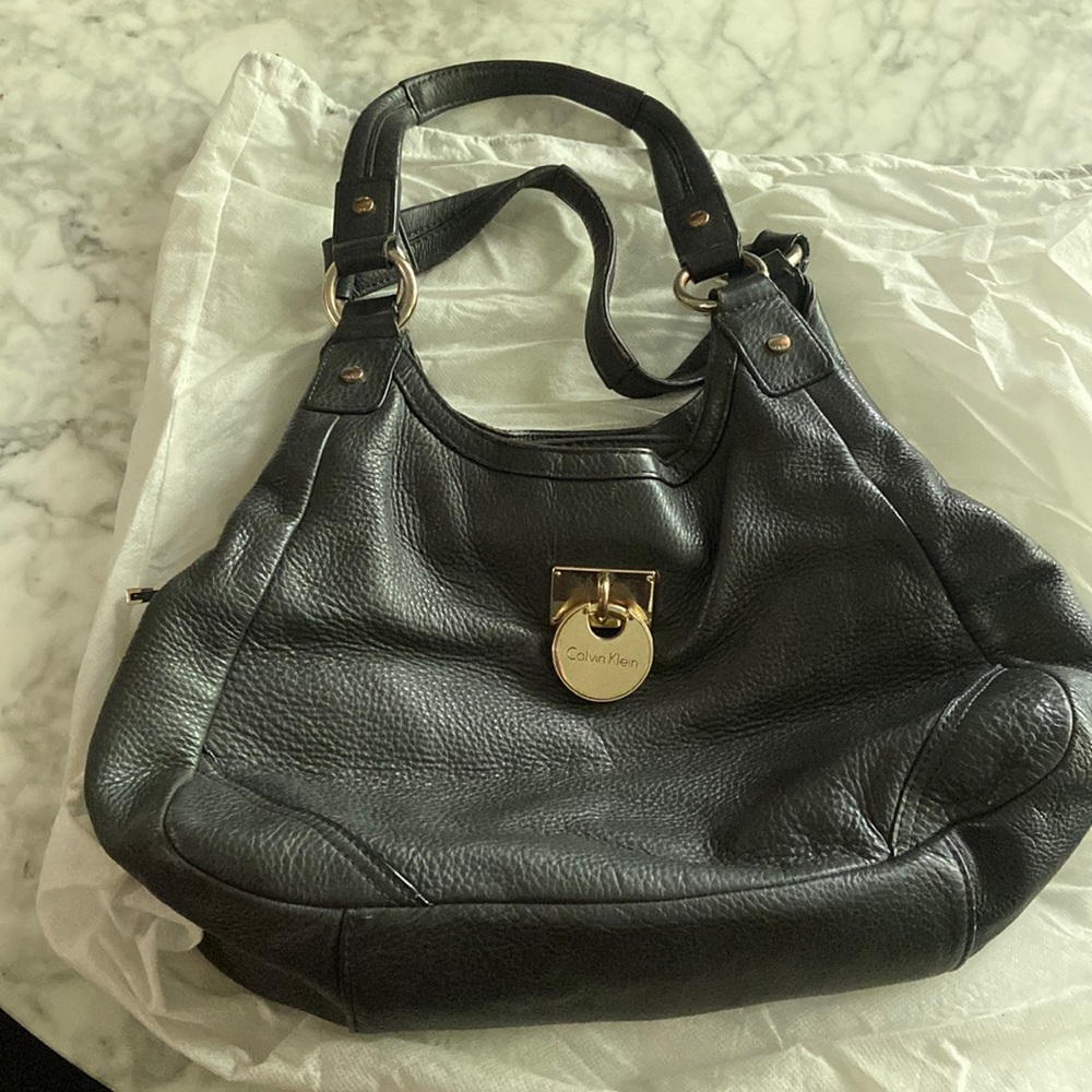 Calvin Klein Shoulder Hobo Bag Purse Grey Gold Lock